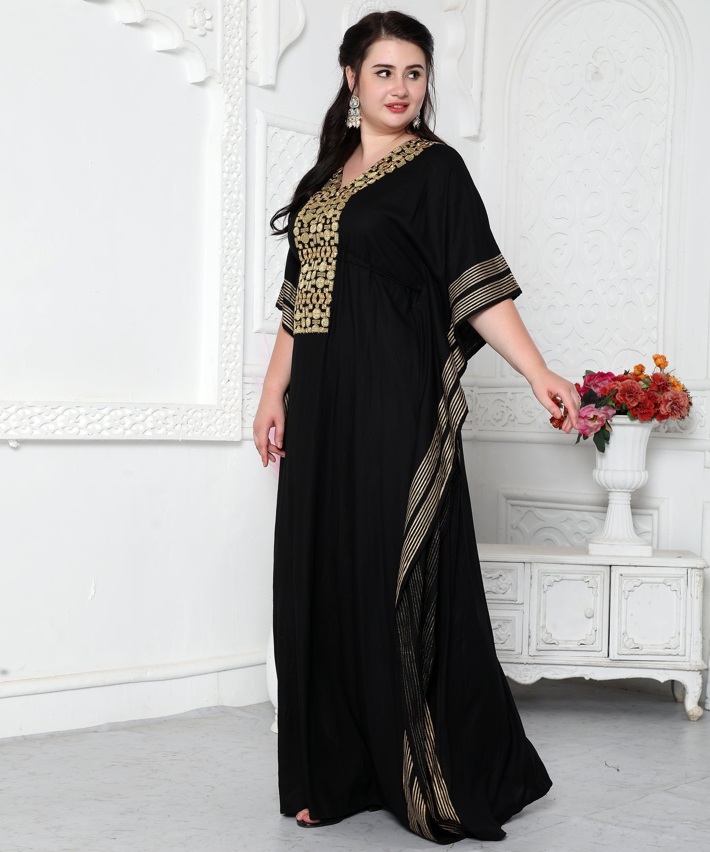 Gold Foil Boho Kaftan Dress With Block Print - Maxim Creation