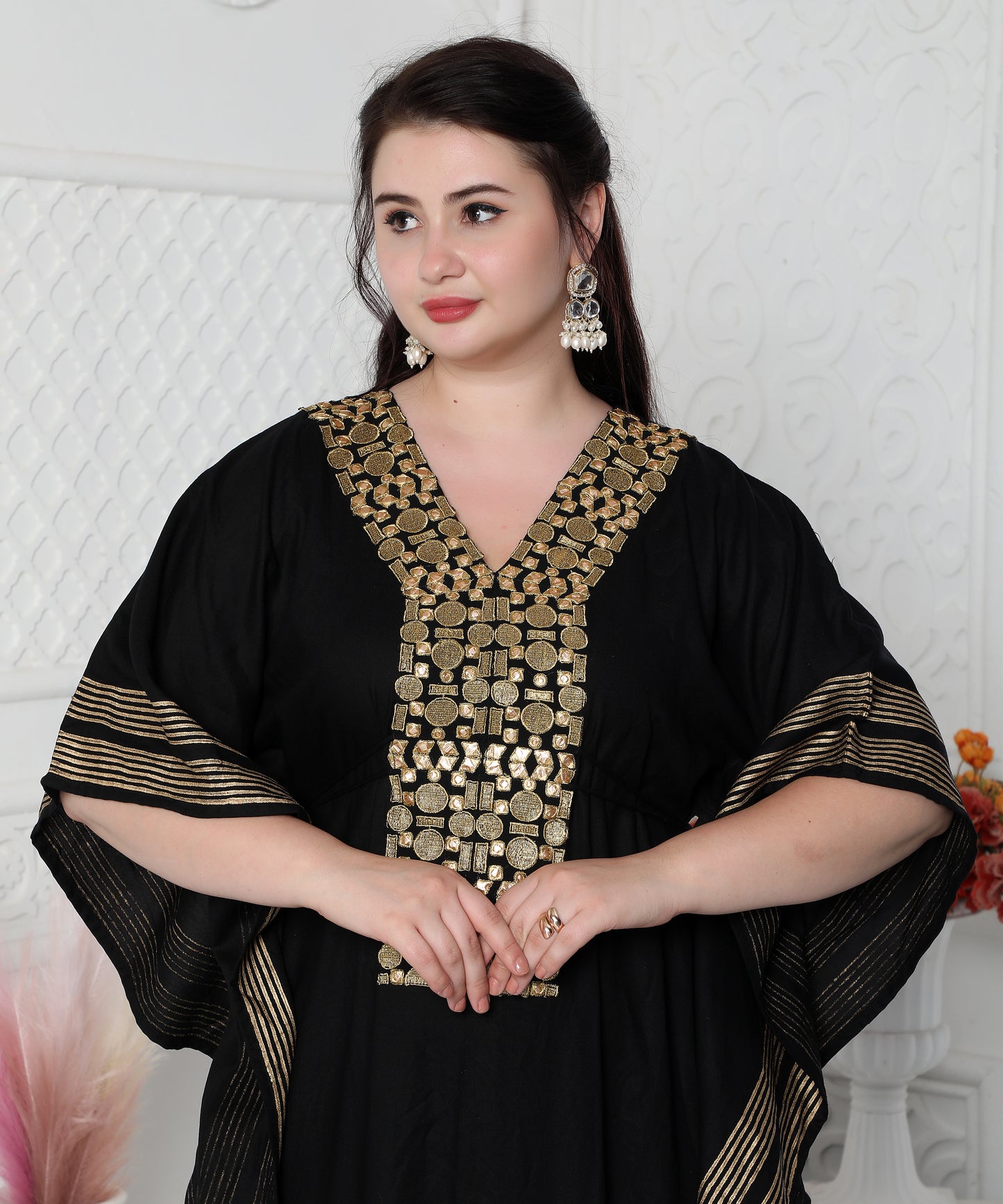 Gold Foil Boho Kaftan Dress With Block Print - Maxim Creation