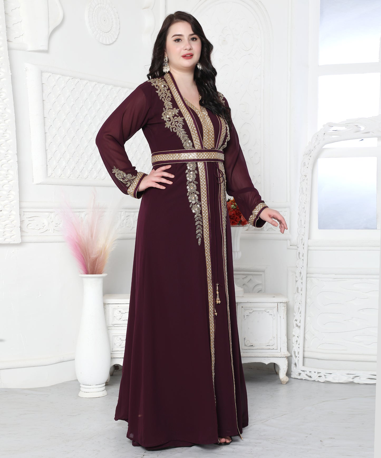 Floral Pattern Golden Hand Embellished Kaftan Dress - Maxim Creation