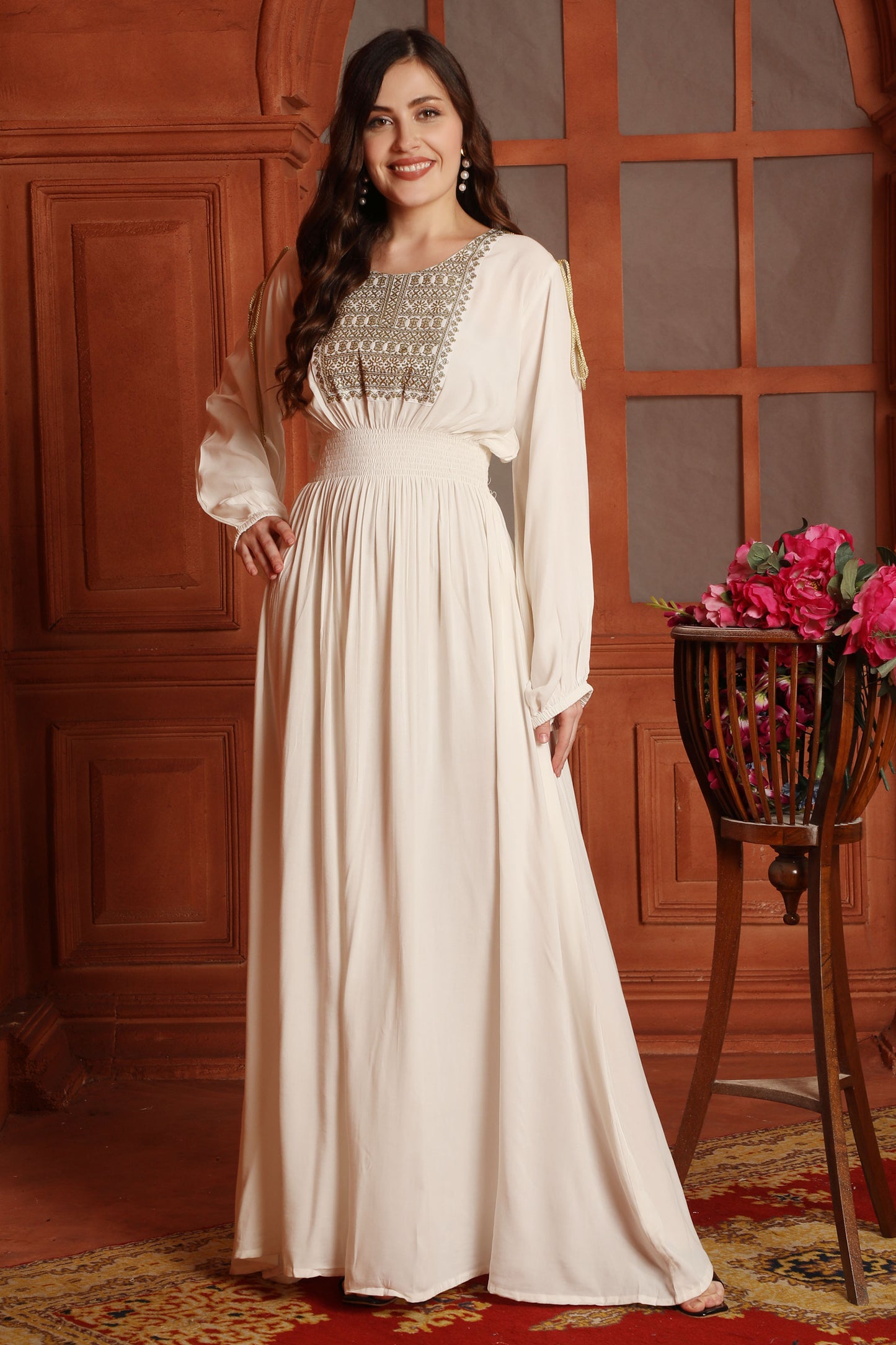 Off White Jalabiya with Square Yoke and Smocked Waist - Maxim Creation