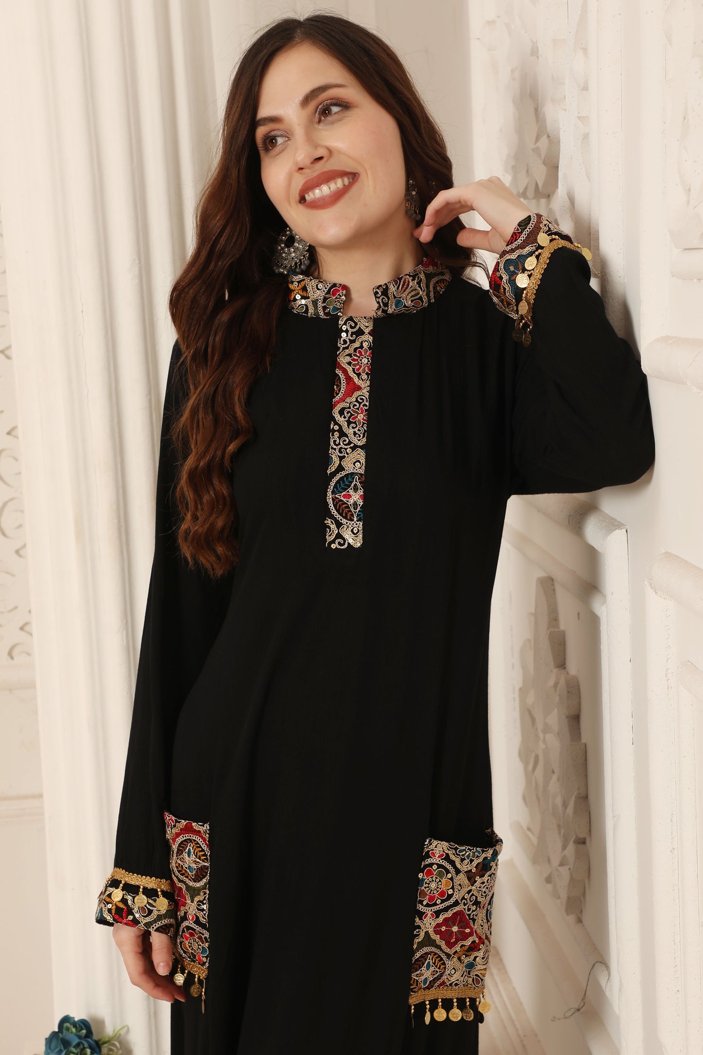 Tribal Embroidered Black Dress with Tassels - Maxim Creation