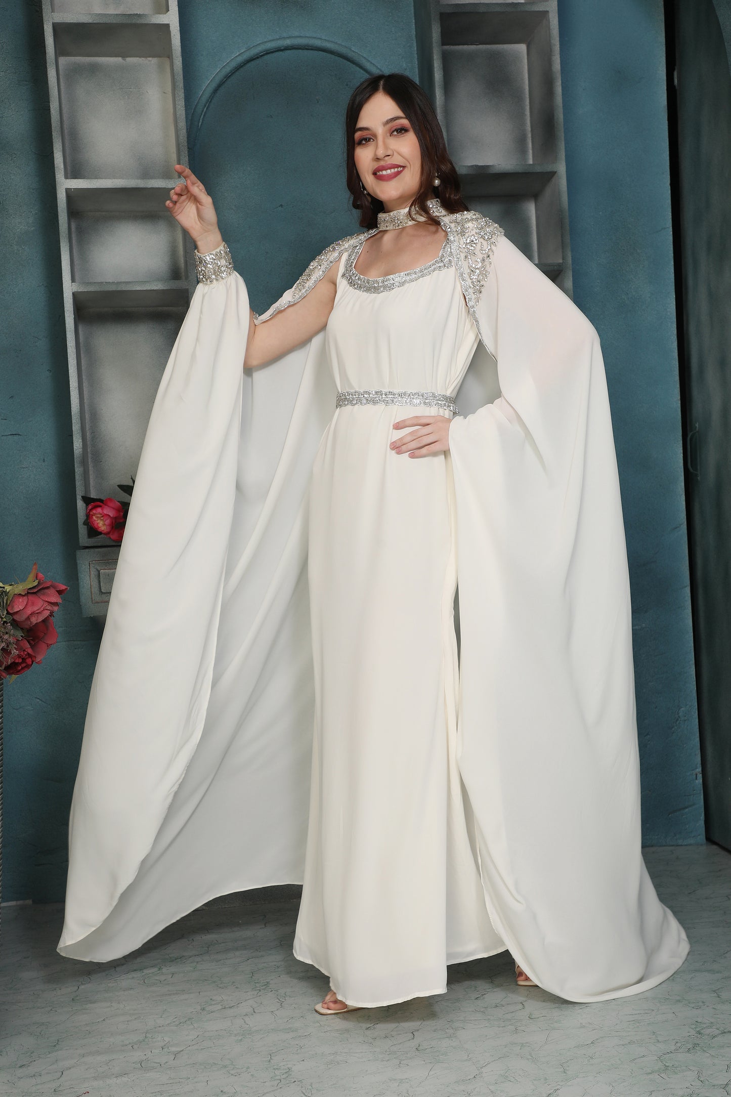 Silver Embellishment Ivory Jalabiya with removable Cape and Belt - Maxim Creation