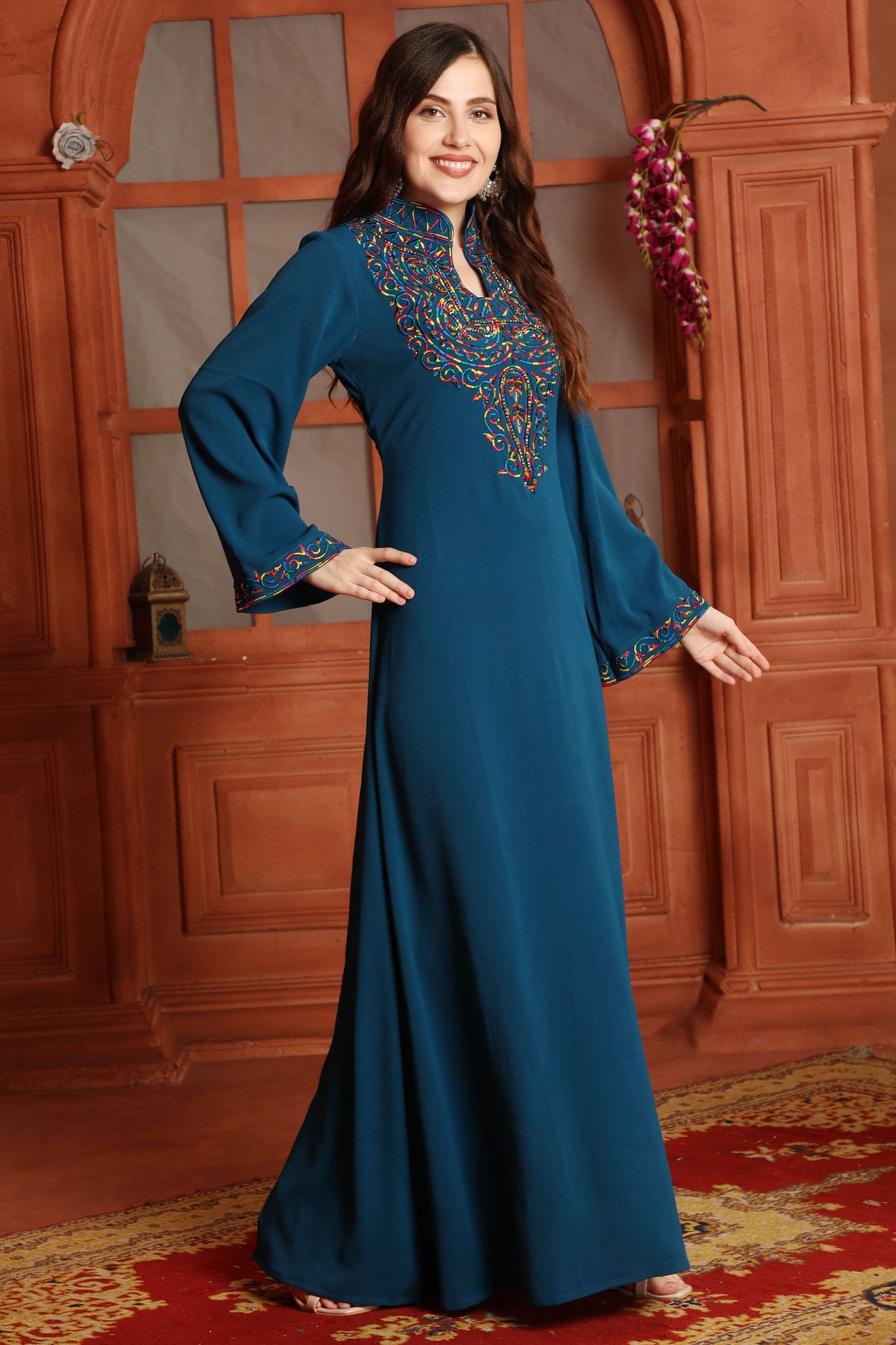 Teal Blue Embroidered Yoke Maxi Dress with Embellishment - Maxim Creation