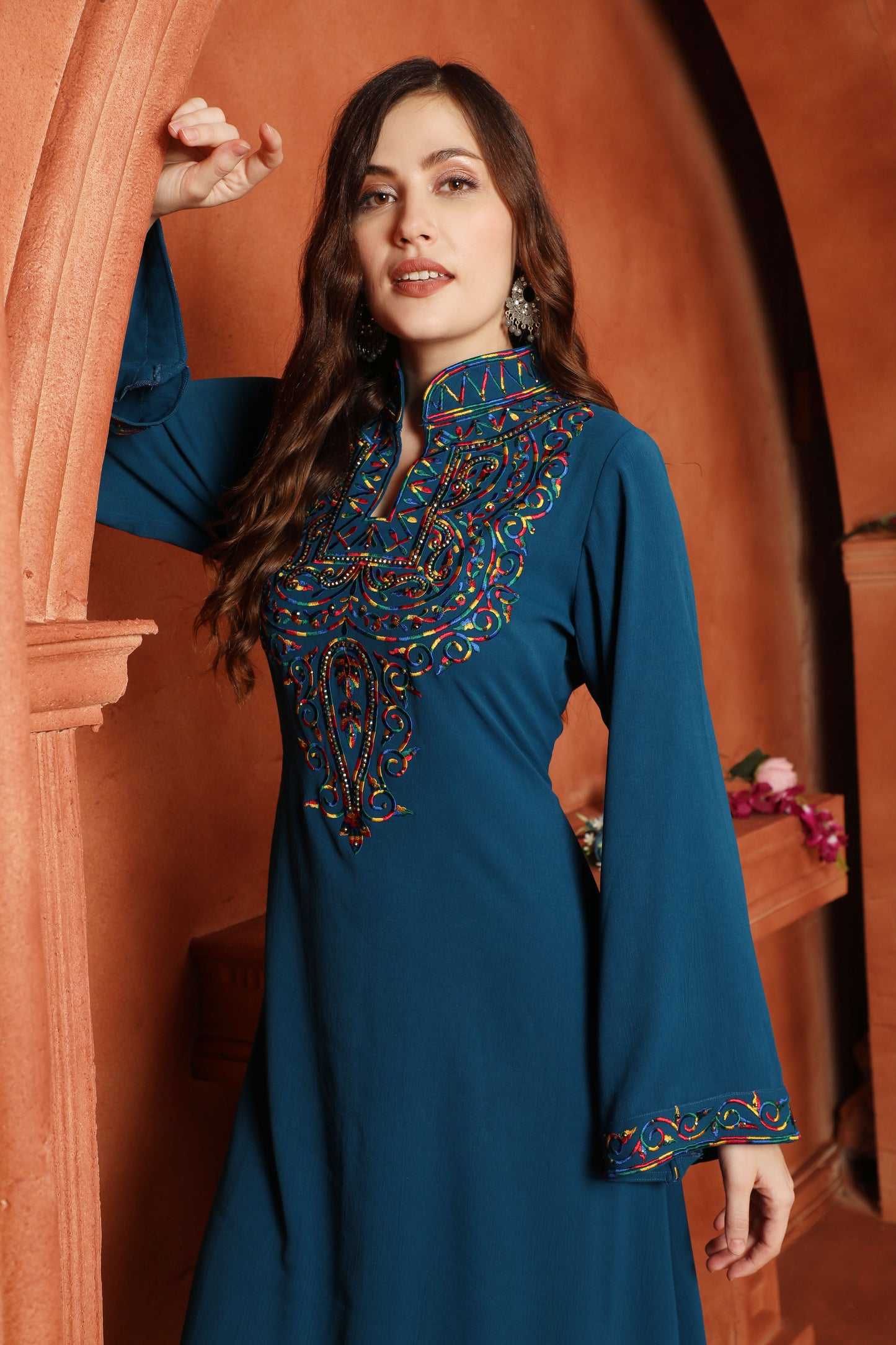 Teal Blue Embroidered Yoke Maxi Dress with Embellishment - Maxim Creation