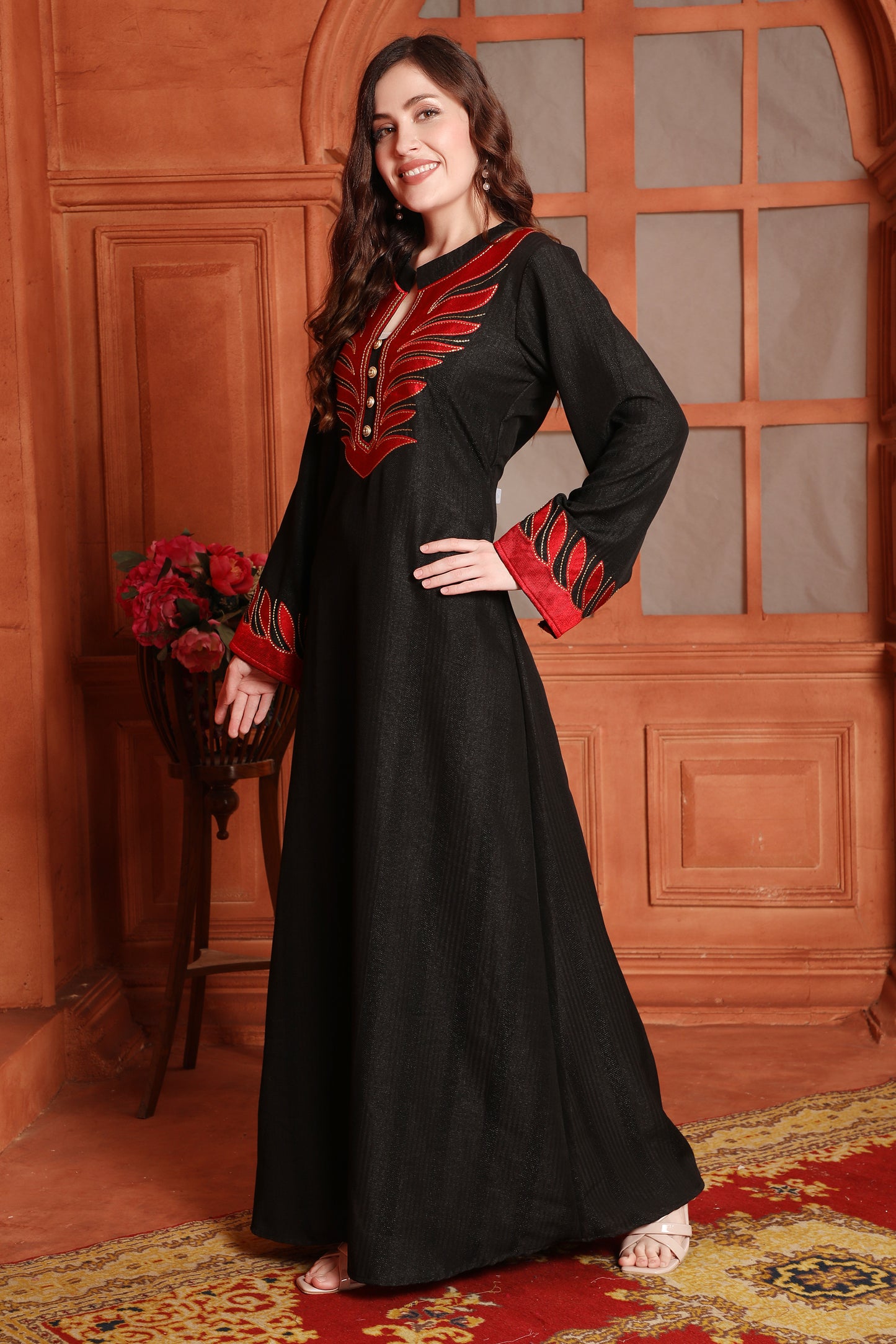 Designer Jalabiya in Black with Red Embroidery and Buttons - Maxim Creation
