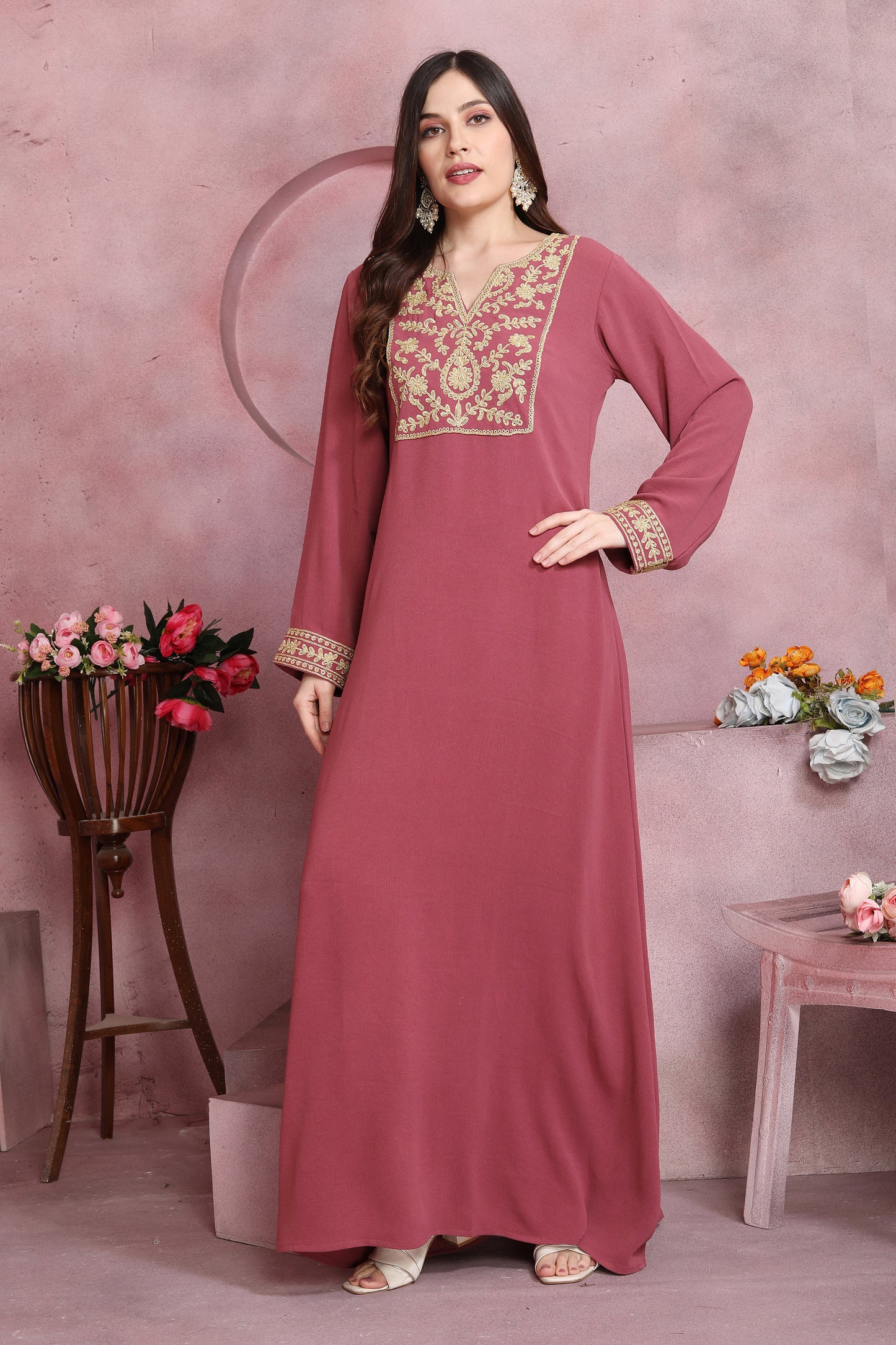 Thread Embroidered Modest Wear Long Dress in Pink - Maxim Creation