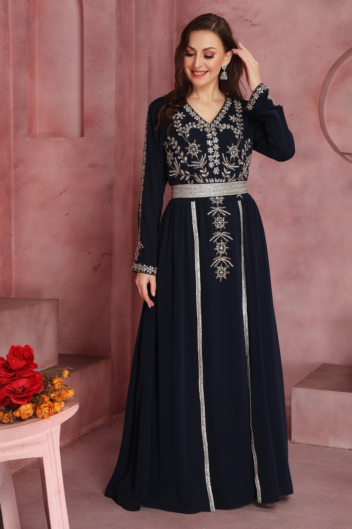 Navy Blue Jalabiya Multicolor Crystal Embroidered Kaftan with belt - Maxim Creation