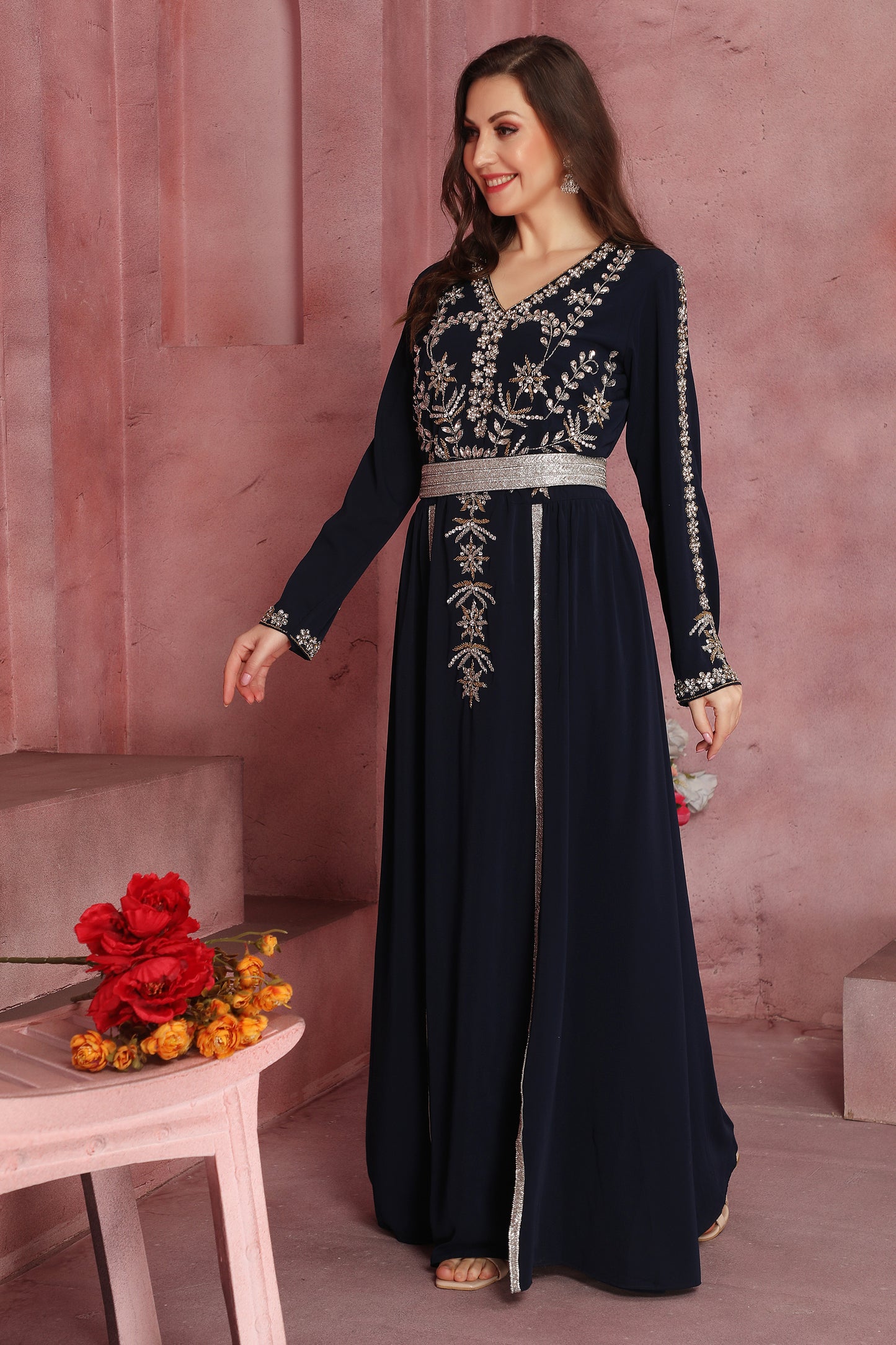 Navy Blue Jalabiya Multicolor Crystal Embroidered Kaftan with belt - Maxim Creation