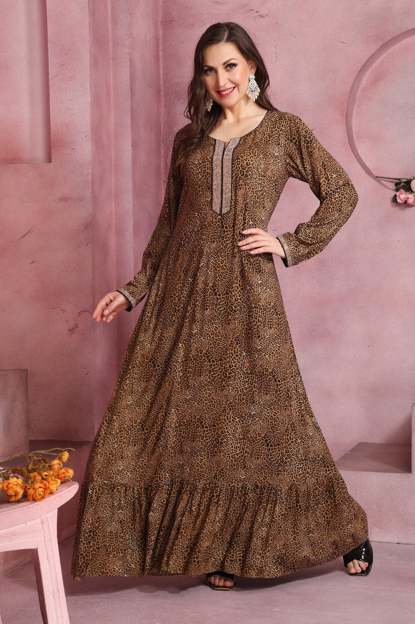 Leopard Animal Print Modestwear Jalabiya with Crystals - Maxim Creation