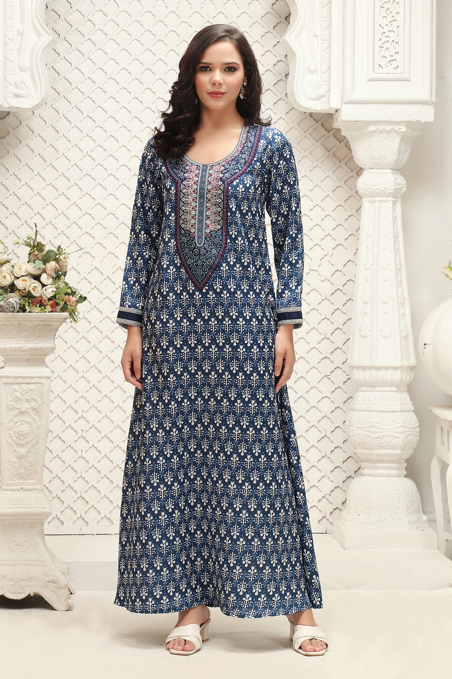 Designer Jalabiya in Indigo Blue with Printed Motifs and Embrodiery - Maxim Creation