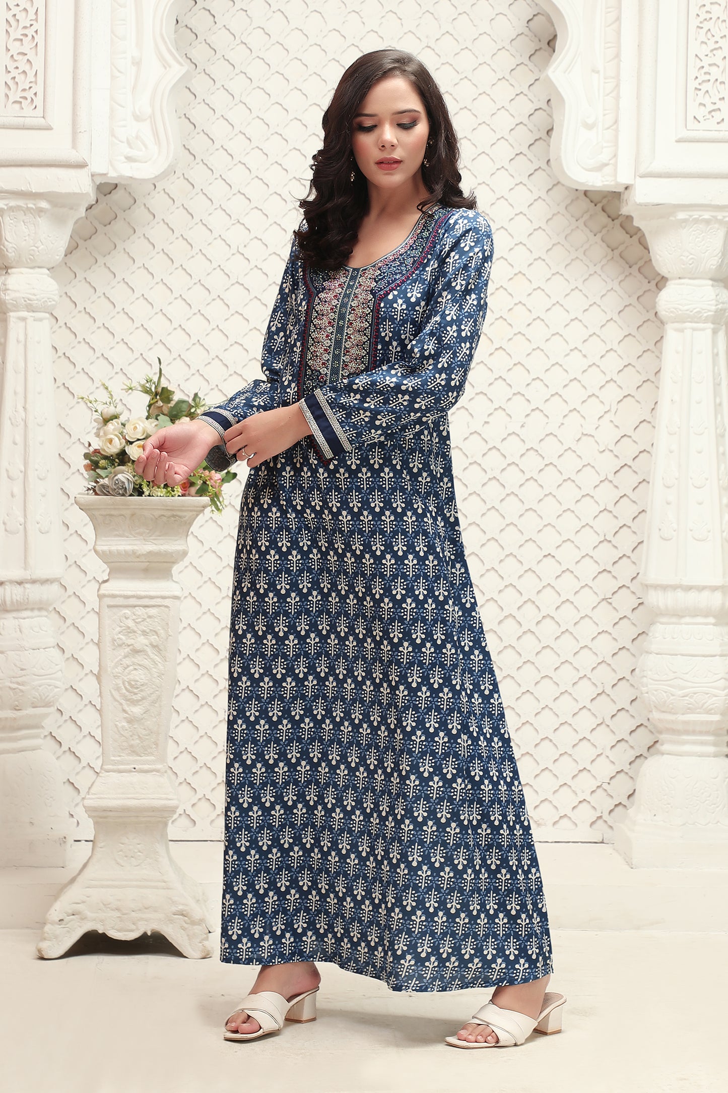 Designer Jalabiya in Indigo Blue with Printed Motifs and Embrodiery - Maxim Creation