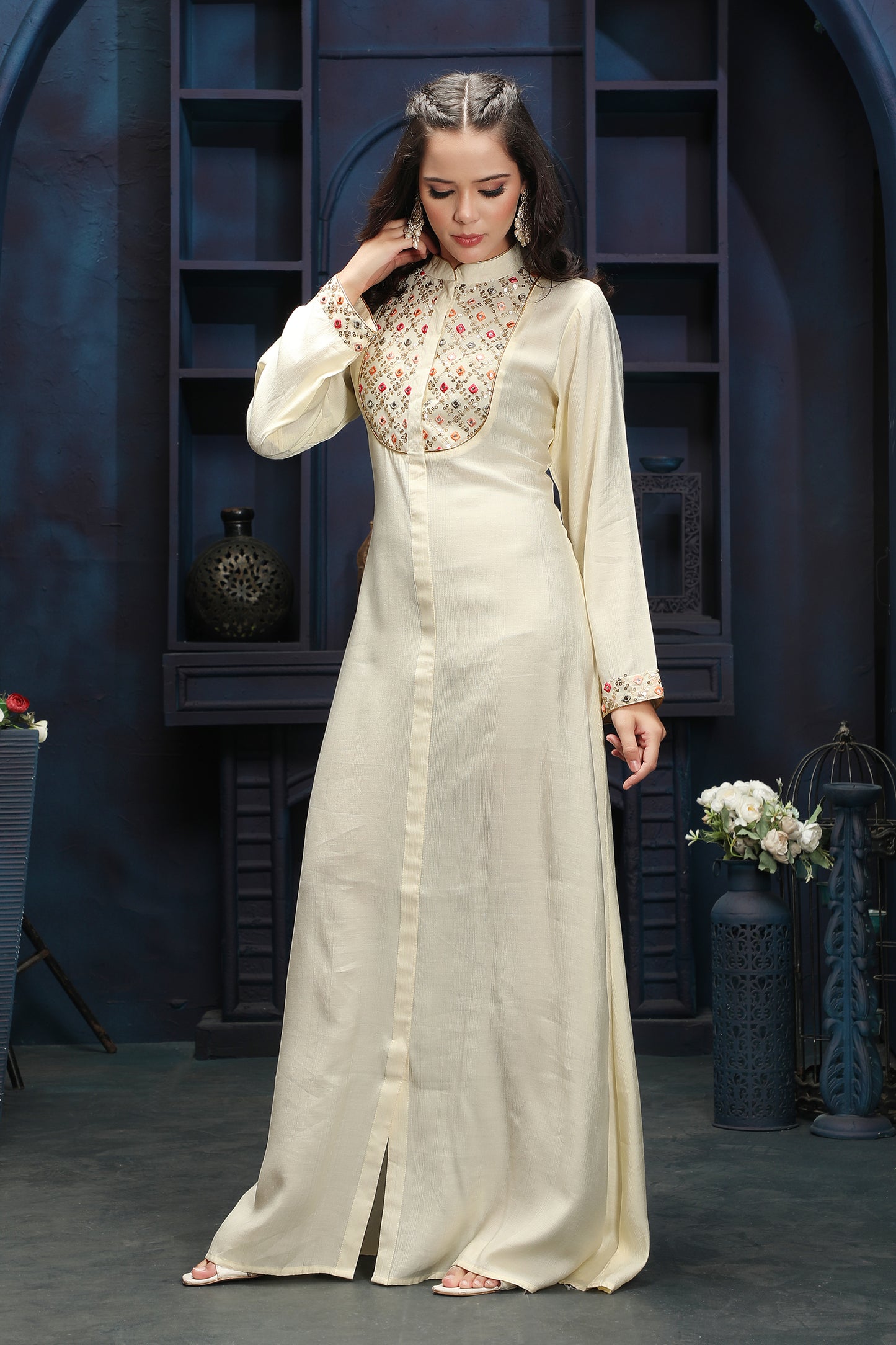 Designer Jalabiya in Ivory with Mirror Finish Embroidery - Maxim Creation