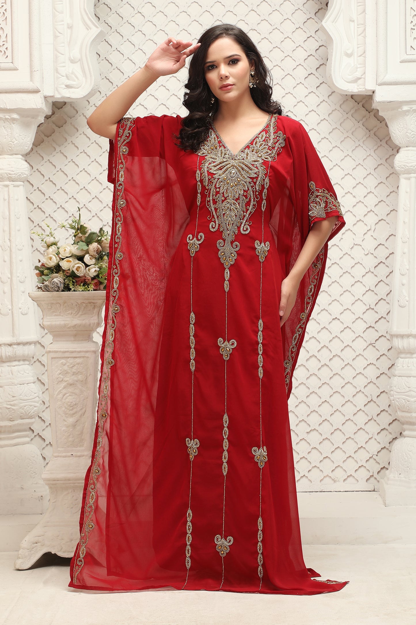 Royal Red Embroidered Kaftan Gown with Gold Handwork Detailing - Maxim Creation