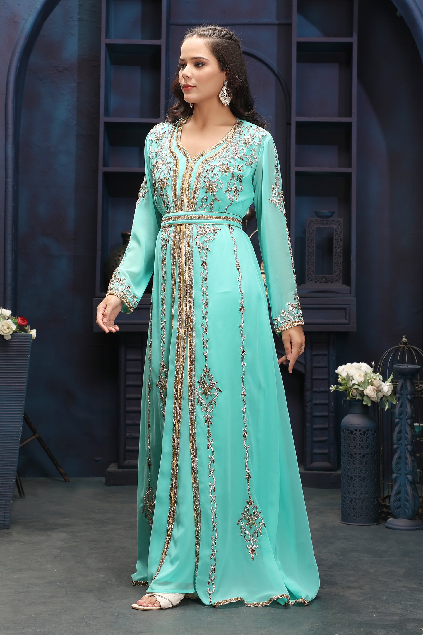 Designer Aqua Green Embroidered Gown with Detailed Front Panel Work - Maxim Creation
