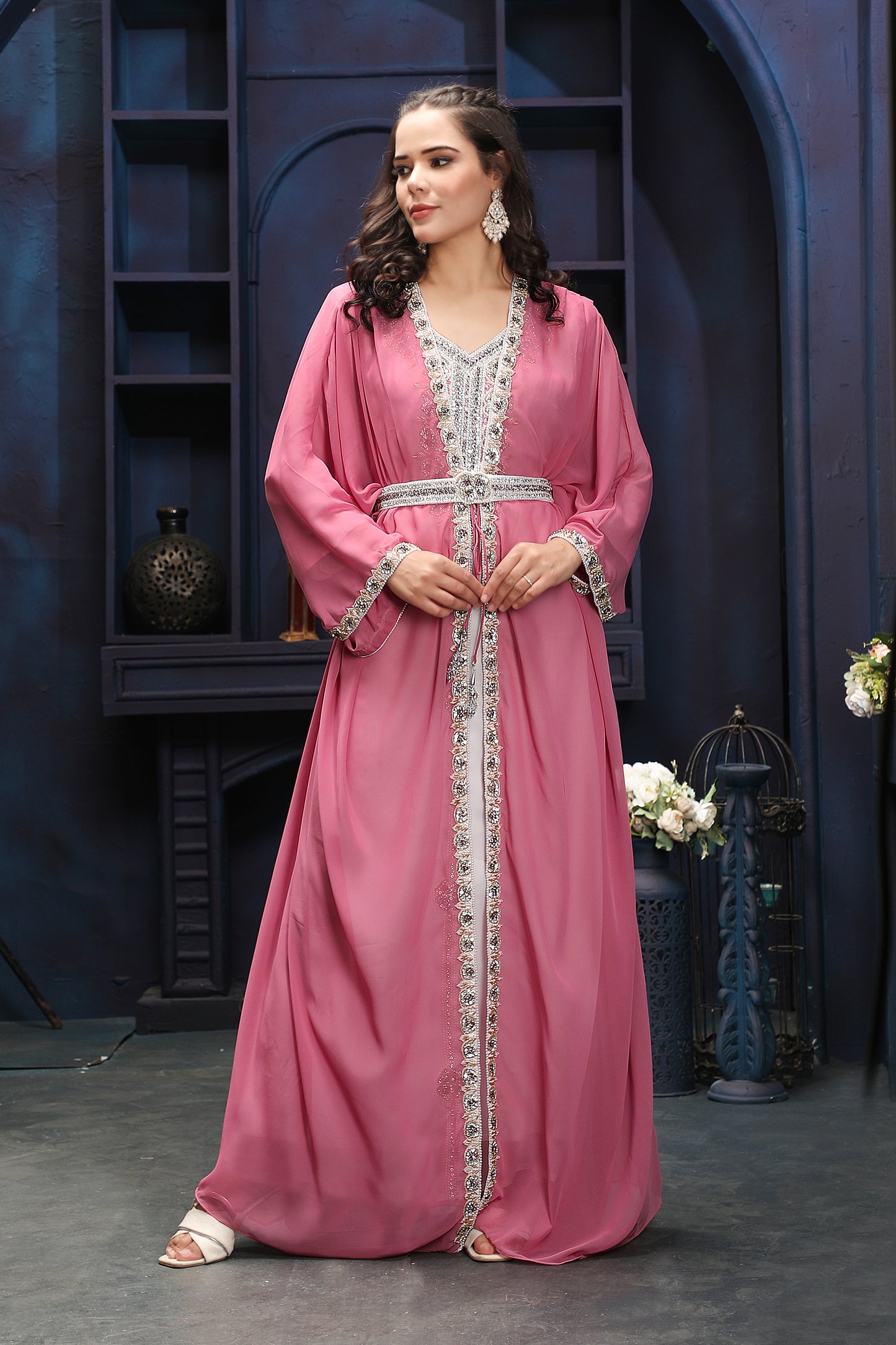 Premium Pink Floor-Length Kaftan with Statement Embroidery - Maxim Creation