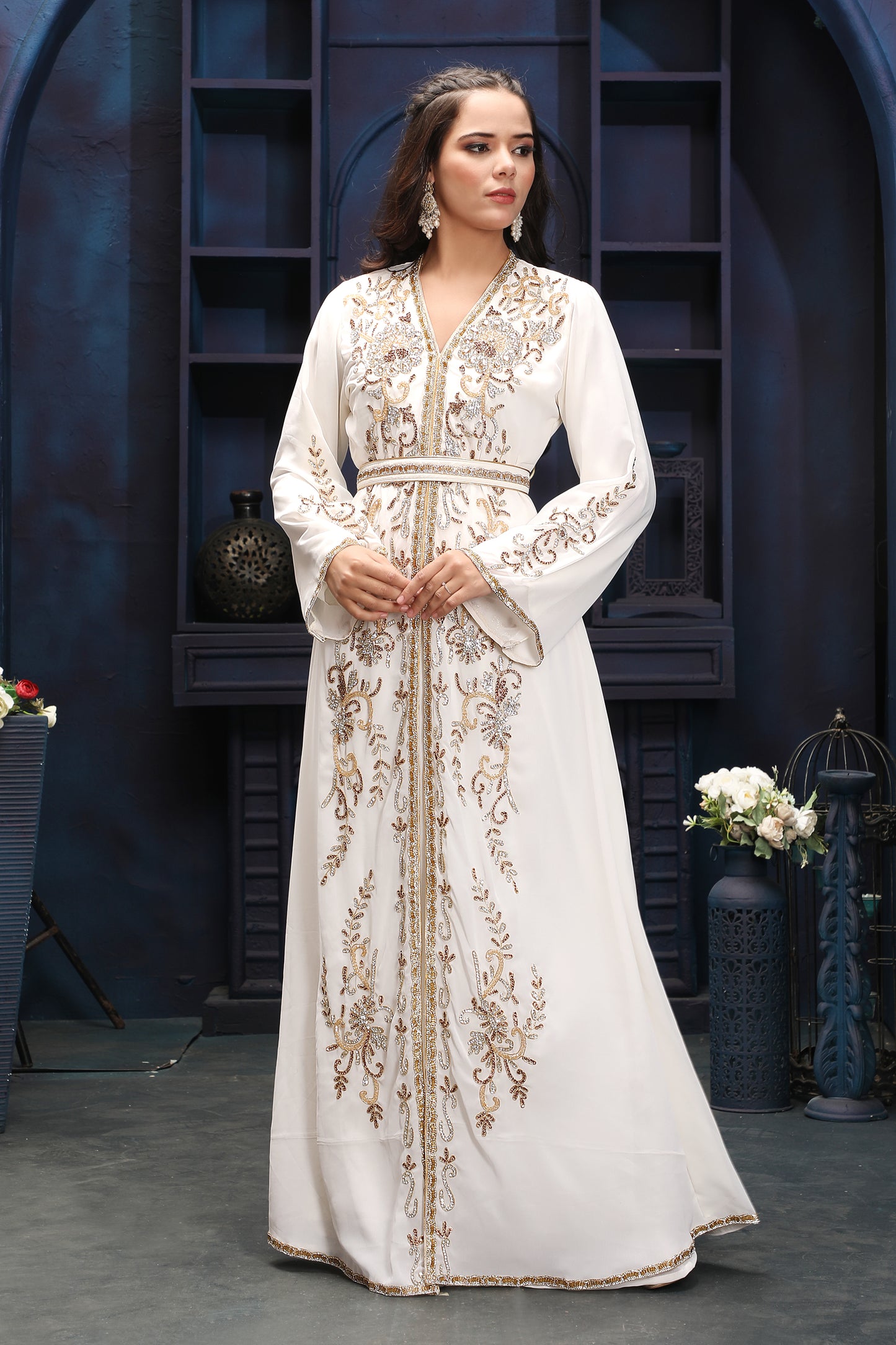Modest Off-White Kaftan Dress with Premium Gold Embellishments - Maxim Creation