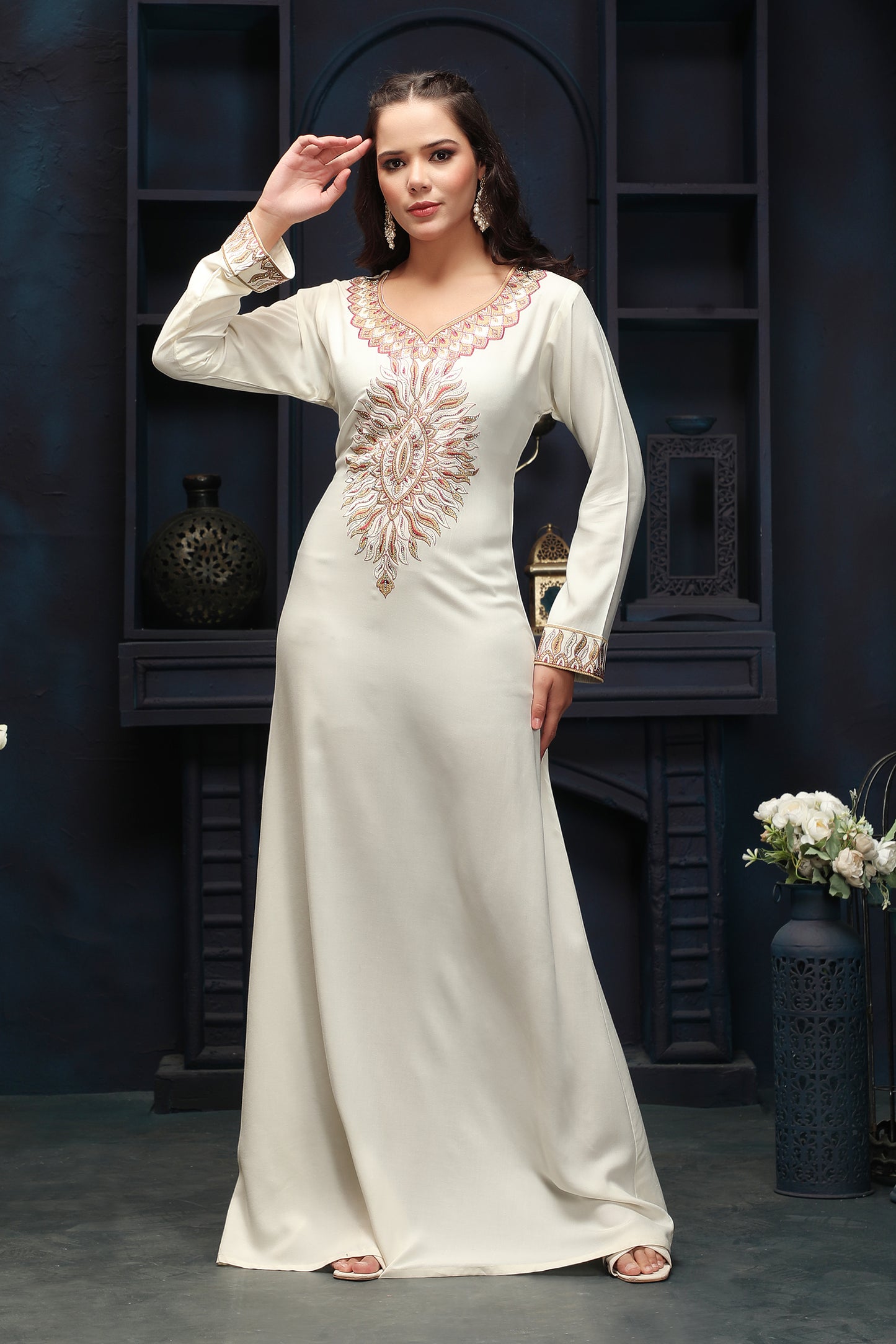 Designer Jalabiya in Ivory with Multicolor Embroidery - Maxim Creation