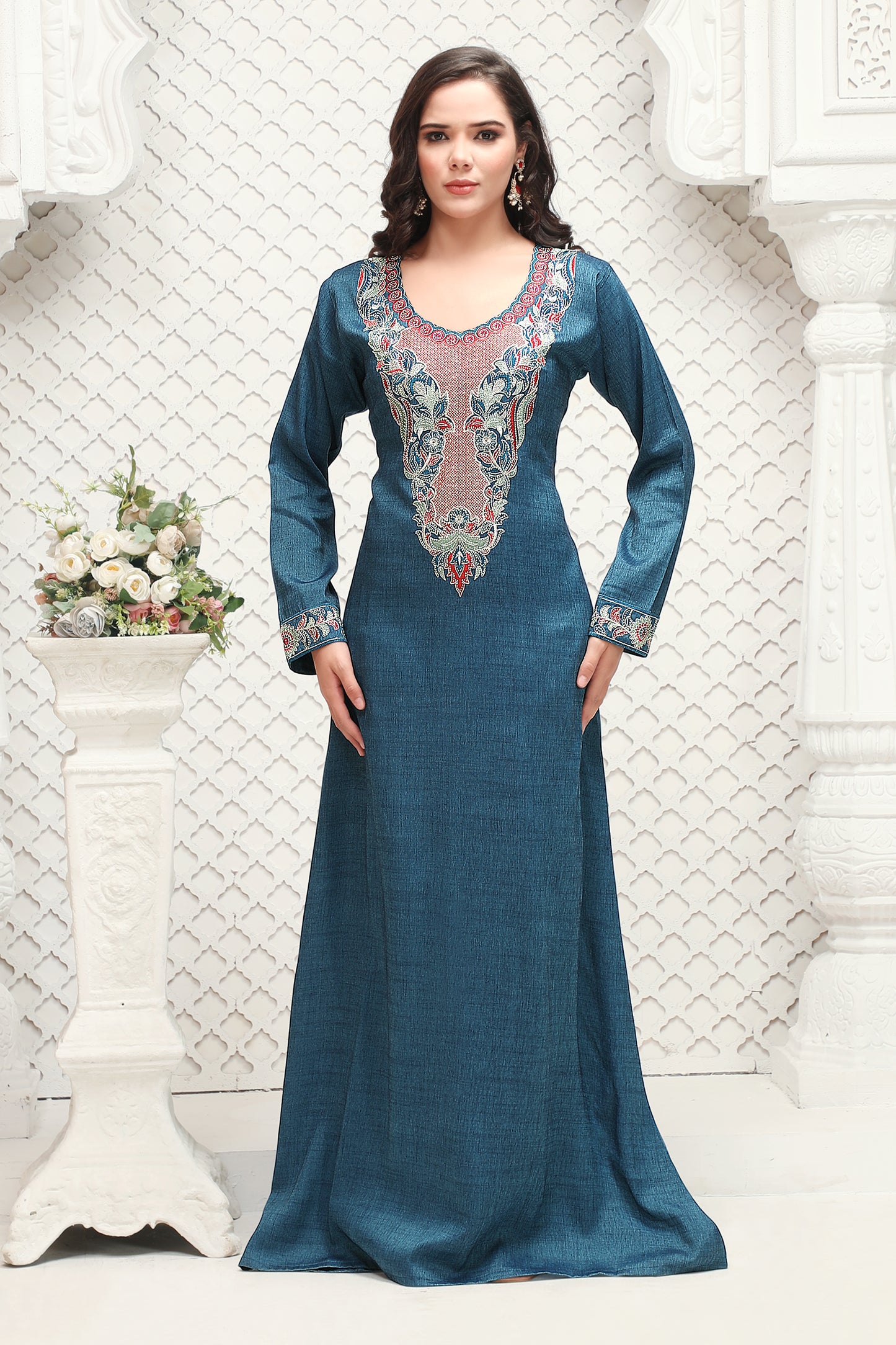 Modestwear Teal Blue Jalabiya with Thread and Stone Embroidery - Maxim Creation