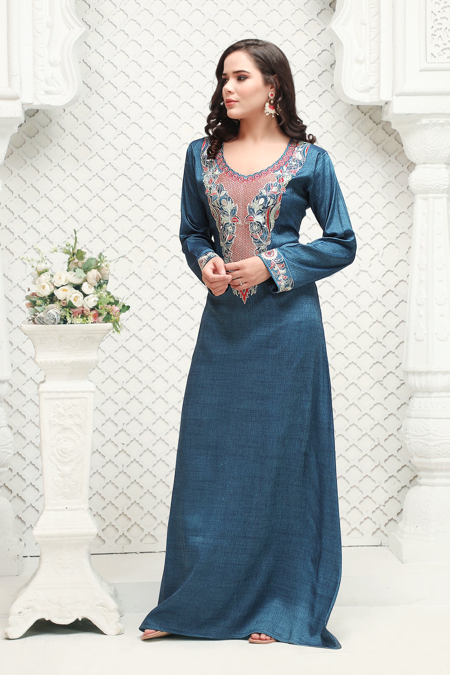 Modestwear Teal Blue Jalabiya with Thread and Stone Embroidery - Maxim Creation