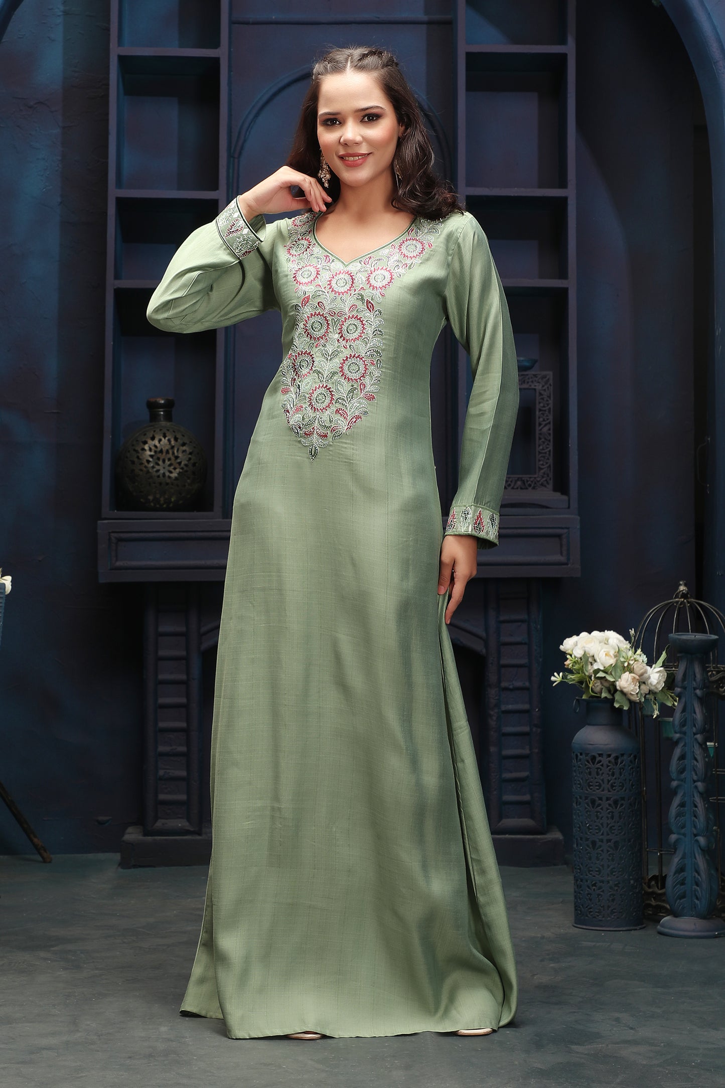 Modestwear Sage Green Jalabiya with Floral Embroidery - Maxim Creation