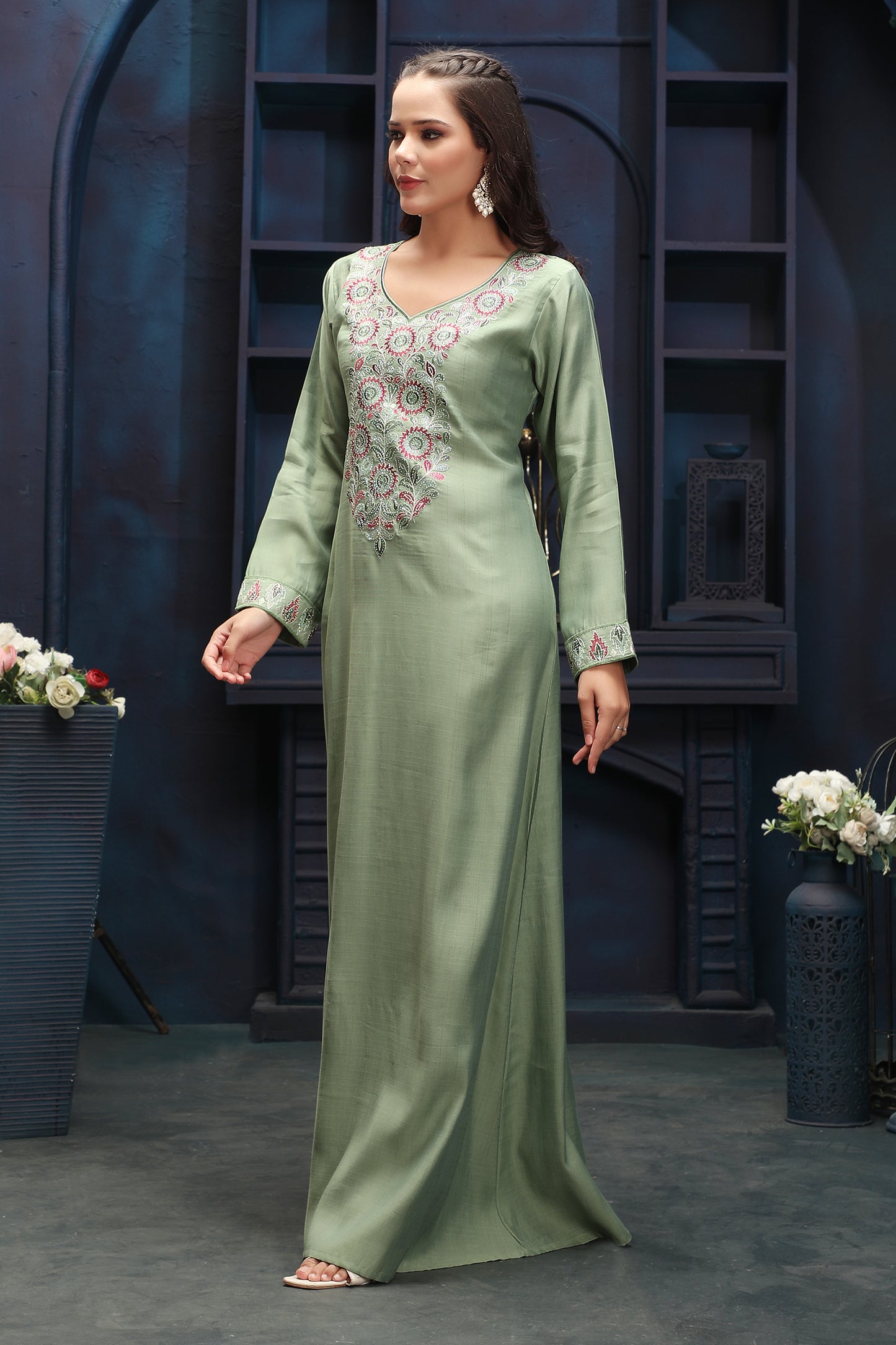 Modestwear Sage Green Jalabiya with Floral Embroidery - Maxim Creation