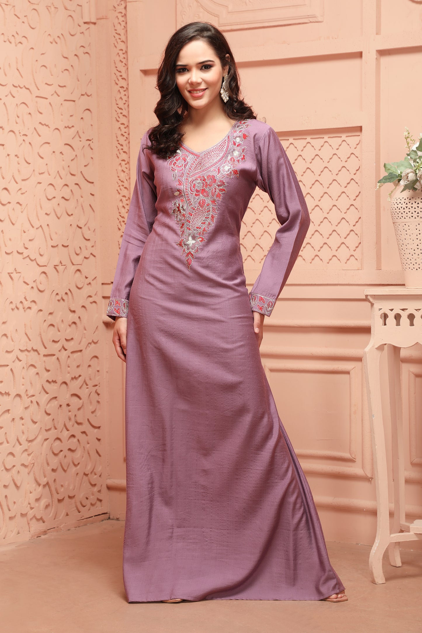 Modestwear Jalabiya in Mauve with Floral Thread & Stone Embroidery - Maxim Creation