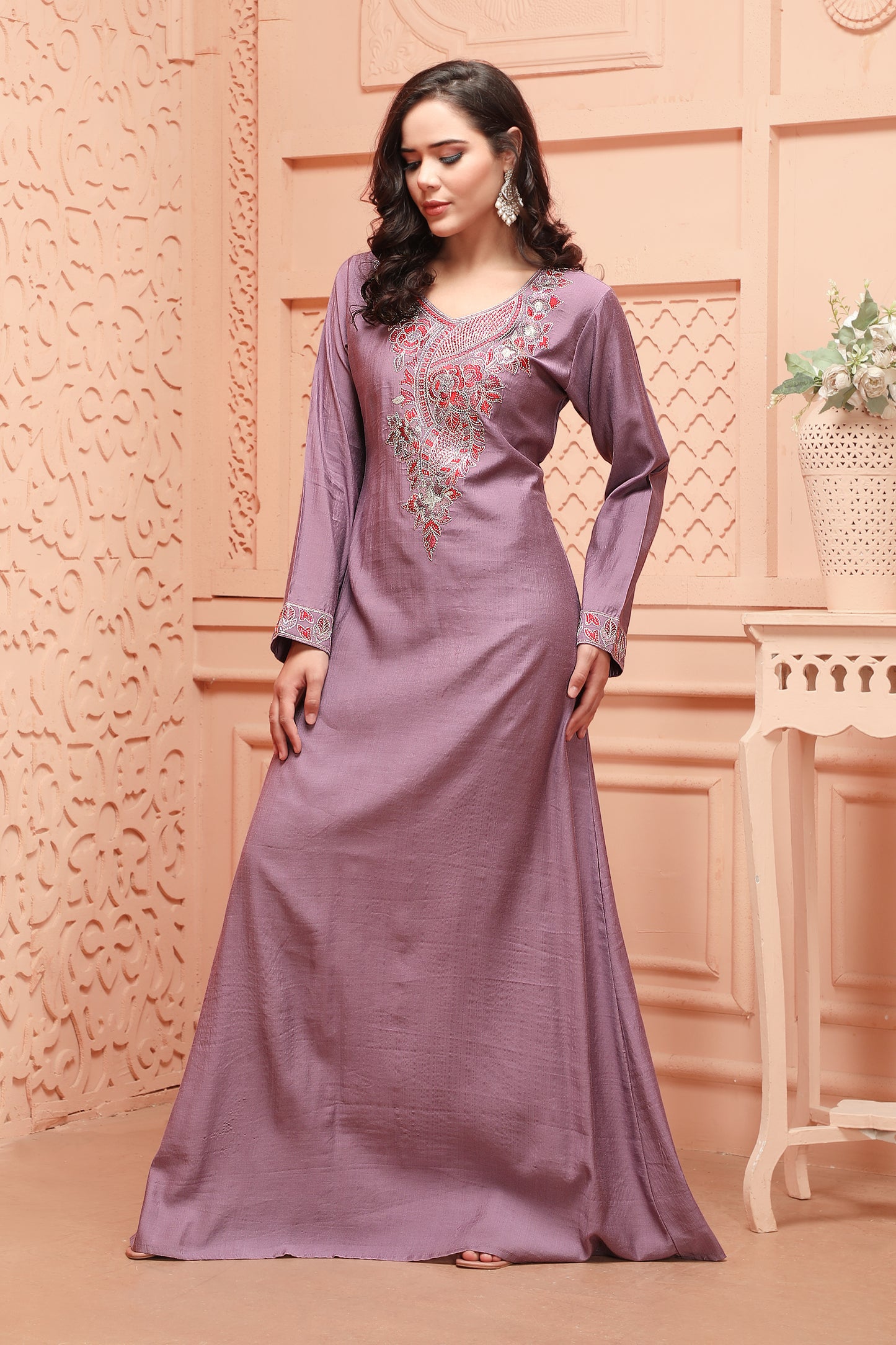 Modestwear Jalabiya in Mauve with Floral Thread & Stone Embroidery - Maxim Creation