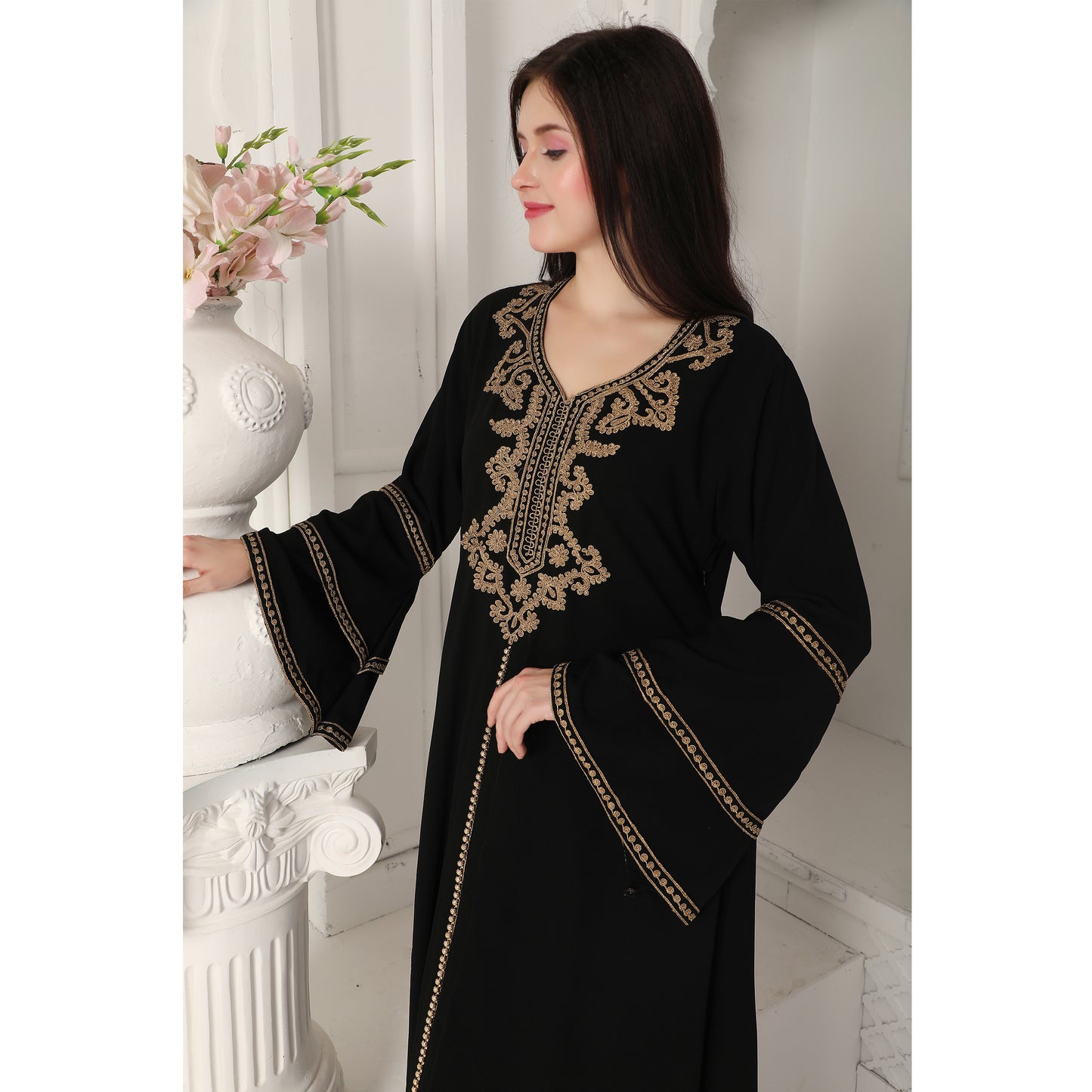 Black Jalabiya Kaftan with Gold Embroidery Double Flaired Sleeve - Maxim Creation