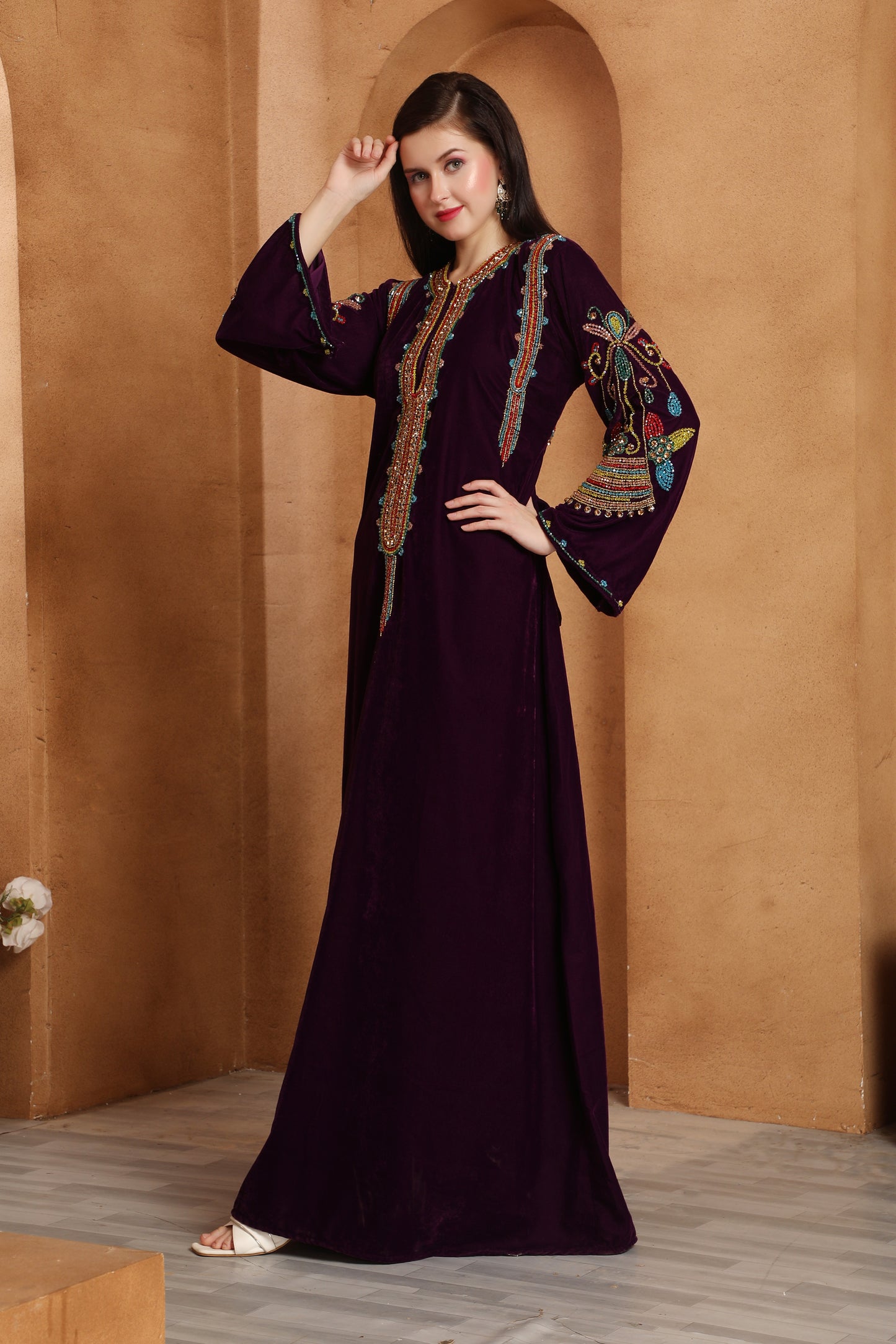 Designer Velvet Kaftan with Multicolor Embroidered Sleeves by Maxim Creation - Maxim Creation