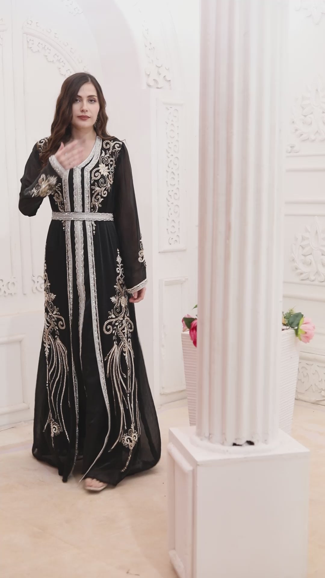 Intricate Hand Embroidery Moroccan Caftan With Silver Lace & Black Jacket