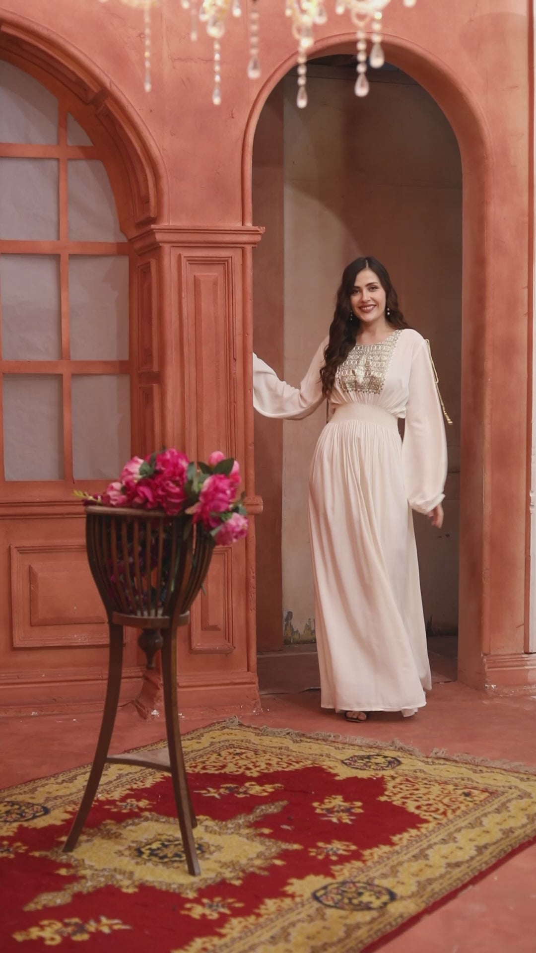 Off White Jalabiya with Square Yoke and Smocked Waist