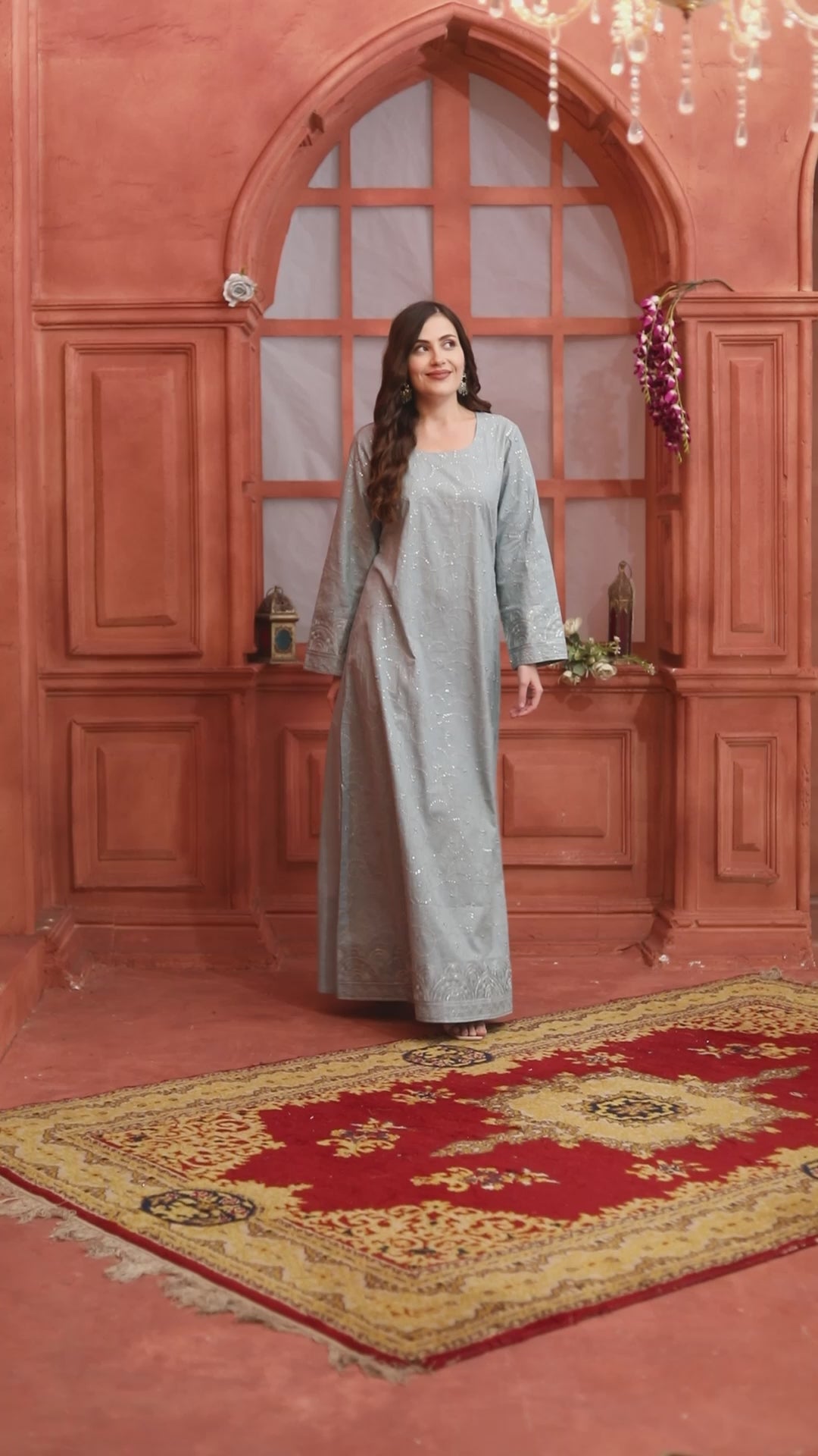 Grey Mirror Work Embroidery Round-Neck Straight Dress